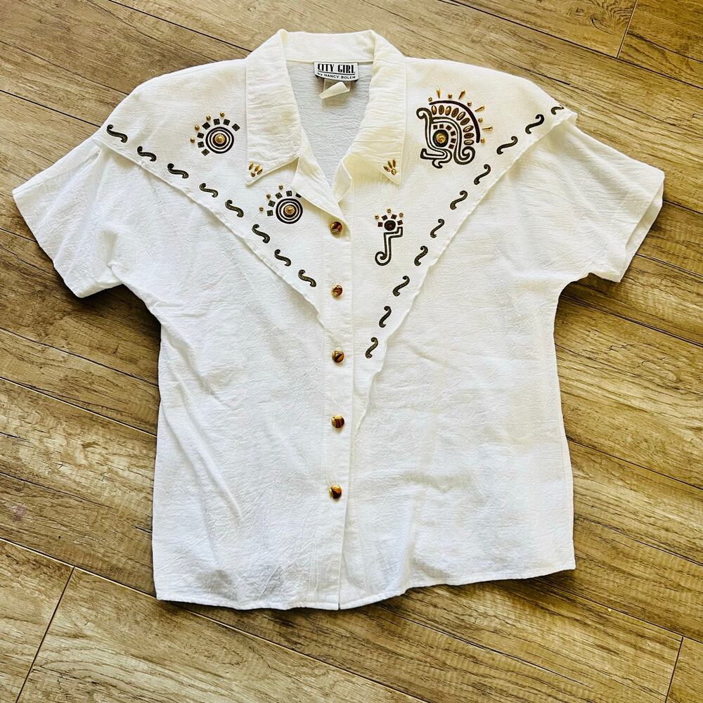 Vintage City Girl 80s 90s Rodeo Glam White Blinged Embellished Cotton Button 10